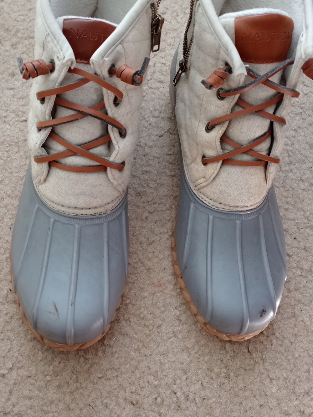Nautica Duck Boots in Cream and Gray with Brown Accents